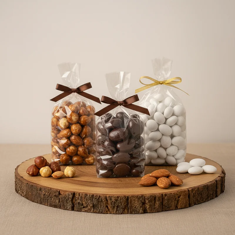 Imagen de tres bolsitas con frutos secos con envoltura dulce